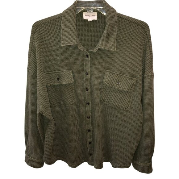 Olive Oak Womens Size 1X Green Long Sleeve Waffle Button Up Collar Pockets Shirt - Picture 1 of 9